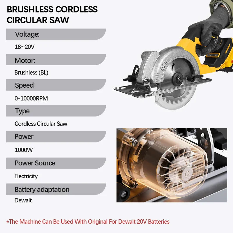 Powerful 5-inch Brushless Cordless Circular Saw Dewalt Power Compatible 20V